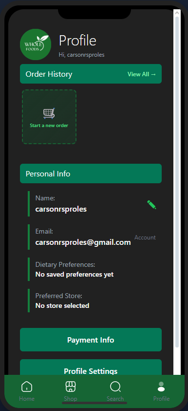 Screenshot of final profile screen, including nav bar